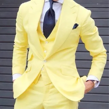Design Personalizado Amarelo Homens Ternos De Casamento Smoking Excelente Noivo Smoking Jantar De Negócios Baile Blazer De 3 Peças Jaqueta+Calça+Colete+Gravata