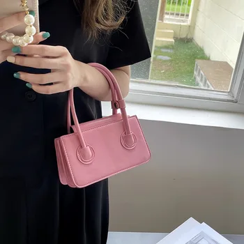 Mulheres PU Saco de Couro Minimalista Mini Rosa Quadrado Pequeno Saco de 2023 Novo Western de Textura Bolsa Pequena de Mão de Straddle Saco