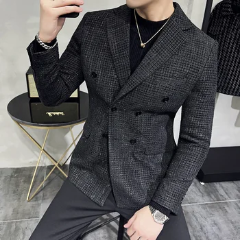 Homens Blazer de Alta Qualidade Breasted Dobro de Espessura Elegante Blazer Jaqueta Para Homens coreano de Luxo, Roupas de Ajuste Fino Terno Formal com a Coats