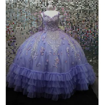 Luxo Brilhante Lavanda Off-Ombro Vestidos De Quinceanera Vestidos De 15 Anos, Festa De Aniversário, Vestido De Baile Espartilho