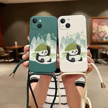 Pandas e Bambu Crossbody Corda de caixa do Telefone do Silicone Para o iPhone 13 15 14 11 12 Pro Max Mini XSMax XR XS X 6 6 8 7 Plus Tampa