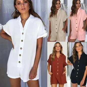 Moda feminina Primavera/Verão de Novos Produtos Ebay Venda Quente Virar Gola de Camisa de Botão macacão