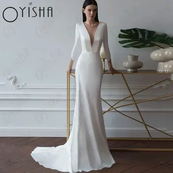 OYISHA Mangas compridas Sereia Vestidos de Noiva Elegante V-Pescoço de Cetim Branco Vestidos de Noiva Simples Apliques Clássico Vestido De Mariages