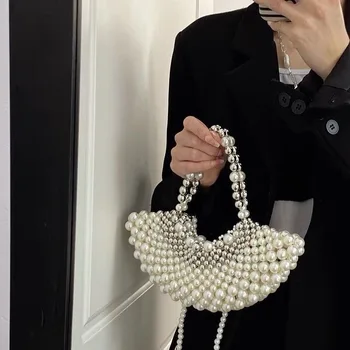 Tecido de luxo Pérolas Saco Sacos de Ombro para as Mulheres Designer Pequeno Beading Bolsas Beading Noite de Bolsa de Casamento Embreagem Tote