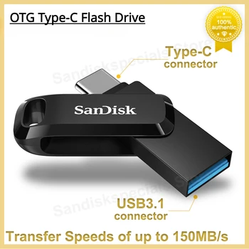 SanDisk Ultra Dual Drive OTG Pendrive-Tipo C com USB 3.1 32GB e 64 GB, 128 GB 256 GB pen Drive para Smartphone Portátil USB Stick