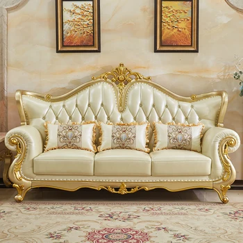 Europeu de sofá de couro Villa sala grande de luxo couro madeira maciça esculpida sofá