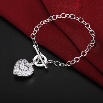 Prata 925 esterlina de suspensão coração de Cristal da cadeia de Pulseiras para mulheres Moda Festa de Casamento Acessórios, Jóias de Presentes de Natal