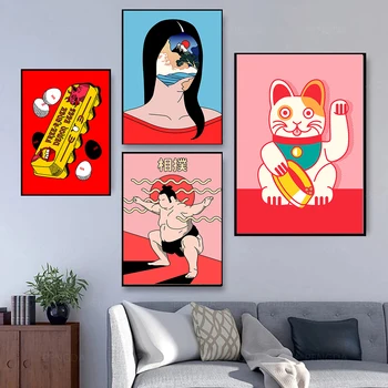 Menina japonesa E Gato Tela de Pintura Pôster e Impressão Japão Paisagem Abstrato Moderno de Parede Imagens de Arte para Decoração de Sala de estar