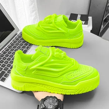 2023 Homens Verdes Vulcanizar Sapatos De Moda Verão Da Marca Do Designer De Laço Tênis Casual De Couro Sapatos Flats Zapatillas Hombre