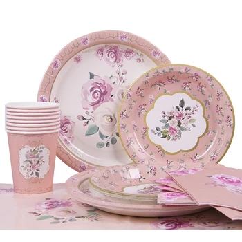 Vintage descartáveis, talheres de flores cor-de-rosa de ouro louças, pratos copos de decoração de festa de aniversário de casamento de alimentação para o jardim de chá