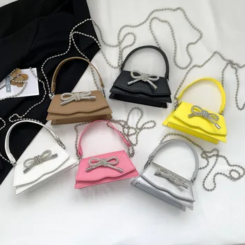 Bolsa nova para Criança Menina com Lichia Arco Mulheres Crossbody Bag duplo Mini Cadeia de Cintura Sacos de Acessórios de Moda de pedra de Strass Quadrado Saco