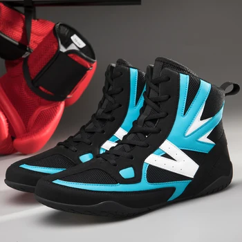 Profissional Unisex Wrestling Sapatos Peso Leve Boxe Sapatos para Casais Cinza e Azul Lutando Mens Sapatos de Mulher Esporte Sapato Meninos