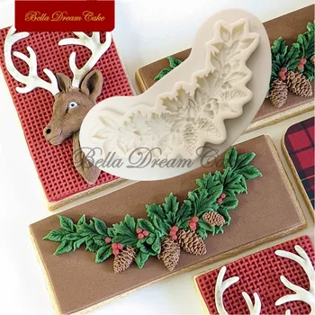 3D Renas de Natal/pinhão, Folha de Coroa do Molde de Silicone Fondant de Chocolate do Molde DIY Argila Modelo de Decoração de Bolo Ferramentas Bakeware