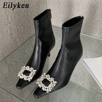 Eilyken CRISTAL Fivela Dedo Apontado Mulheres Ankle Boots 2024 Street Style Zíper de Salto Baixo Festa de Formatura Sapatos Femininos