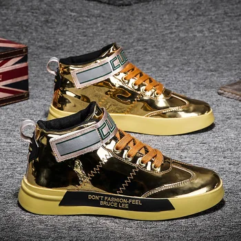 Moda de Ouro Homens Skate Sapatos de Plataforma de Design de Sapatos de Glitter Conforto Vulcanizada Sapatos de Homens de Alta top Tênis Casual Tamanho 46